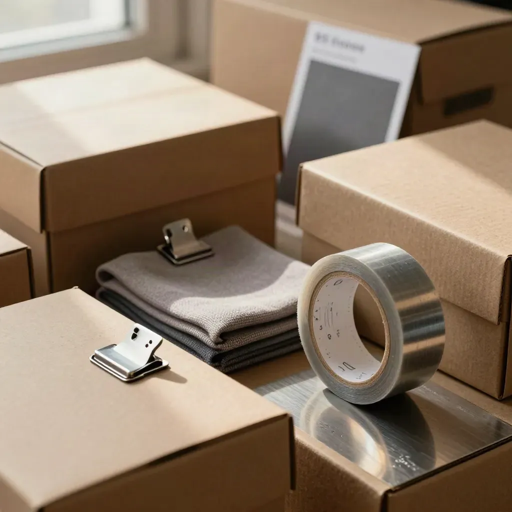 Kit de merchandising retail con cajas kraft, muestras de tela, clips y cinta sobre metal cepillado.