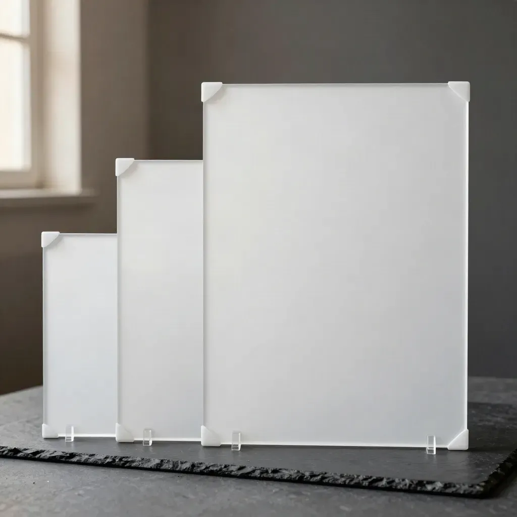 Tres tableros de maqueta blancos con separadores acrílicos sobre fondo gris dramático.
