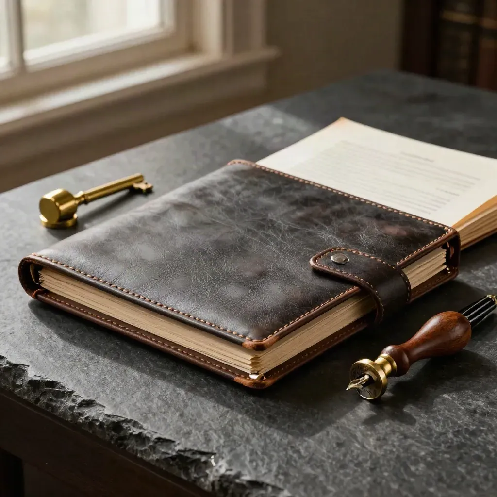 Carpeta legal de cuero con sello y plumilla sobre piedra oscura, estilo dramático.