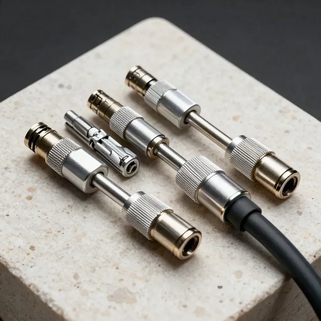 Conectores de aluminio y cable trenzado sobre travertino, en macro cenital con luz fría.
