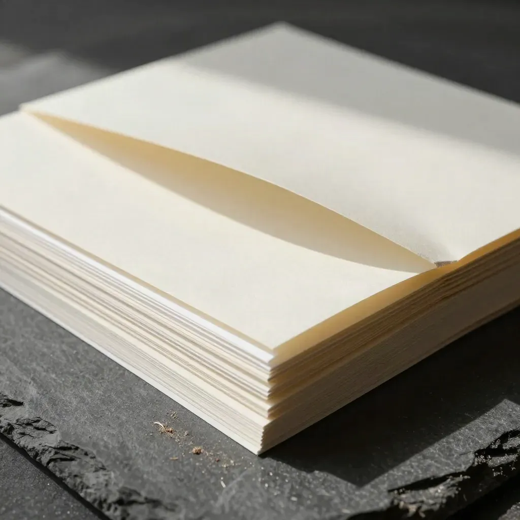 Hojas de prueba de papel, esquinas troqueladas y cubierta plegada sobre piedra gris.