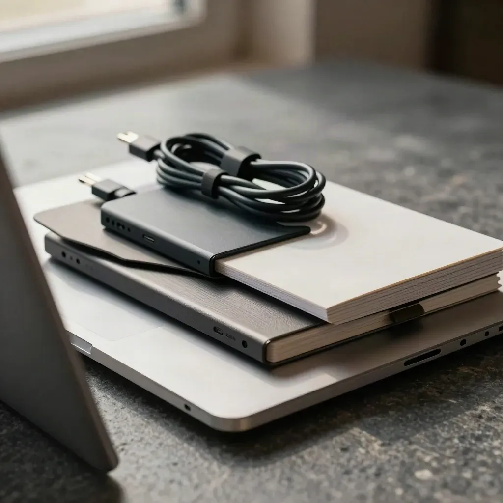 Kit de lanzamiento con portátil cerrado, SSD y cable junto a una carpeta plegada.