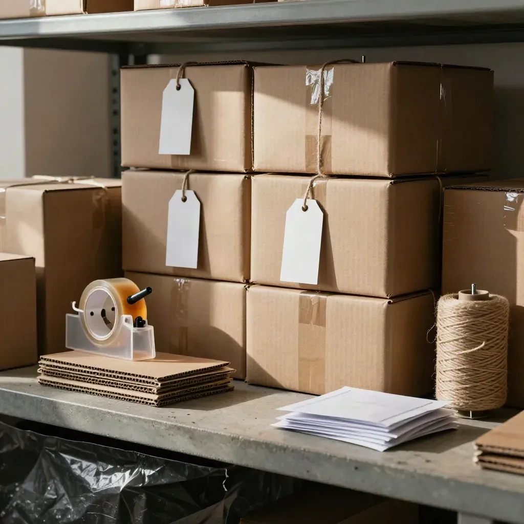 Cajas de cartón, etiquetas blancas, cinta y hilo de embalaje en un rincón de agencia.