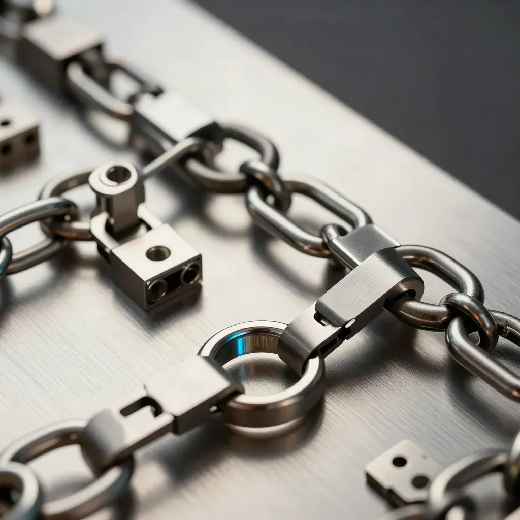 Cadena de anillos metálicos y conectores modulares sobre acero cepillado.