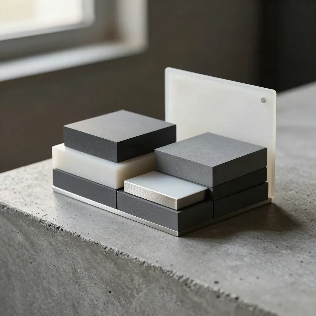 Bloques modulares mate, separadores magnéticos y placa acrílica sobre hormigón gris.
